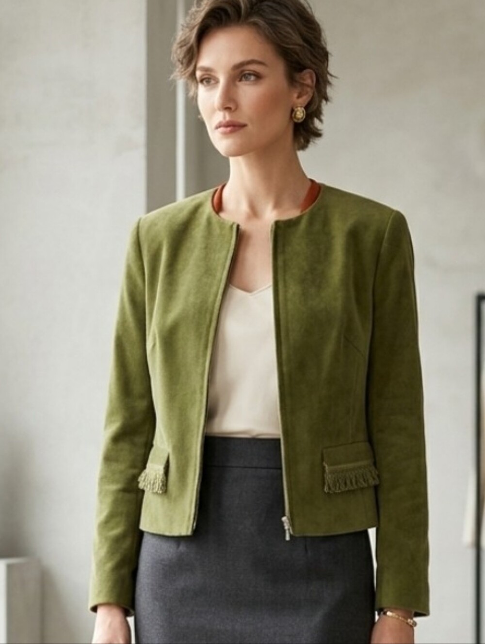 Vintage Y2K Donatella Wool Green Cropped Zip-Front Utility Blazer Size 12